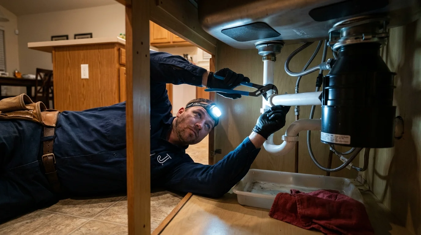 P-trap and supply line connections under a kitchen sink showing a common leak point in Berea, OH